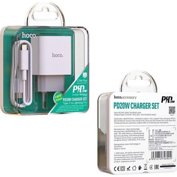 Hoco Φορτιστής με Θύρα USB-C και Καλώδιο Lightning 20W Power Delivery Λευκός (C76A Plus)